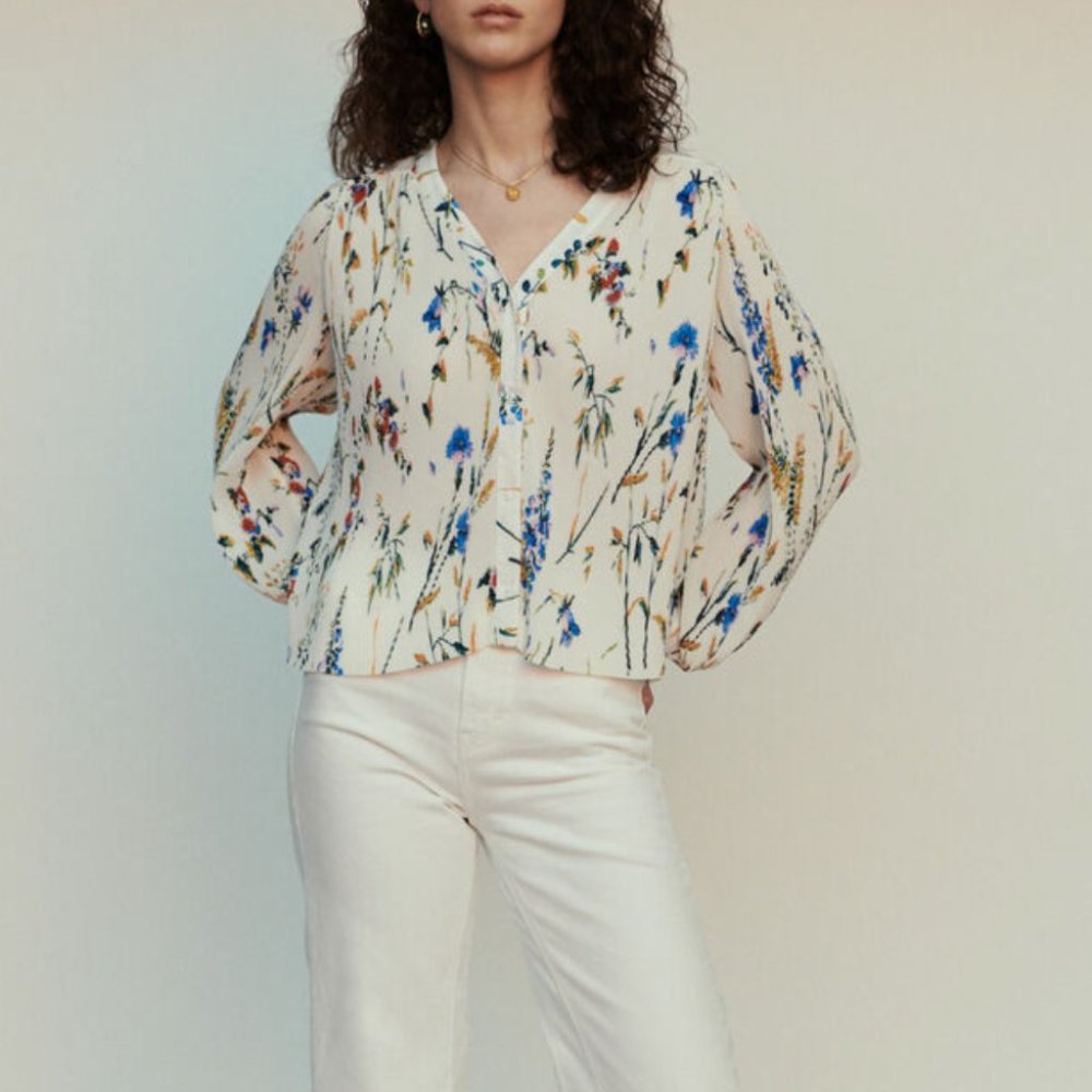 MAJE Larcy Top White Floral Pleated Blouse